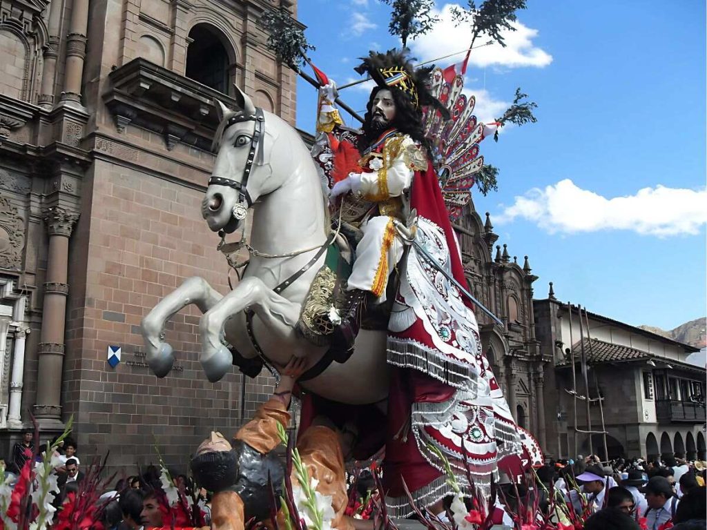 procession of patron saint santiago in cusco’s main square